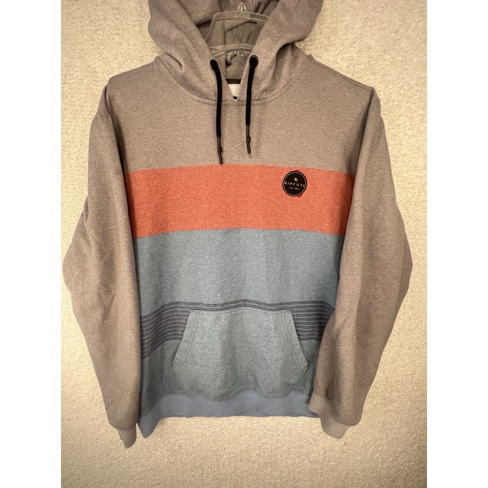 Rip Curl Hoodie Mens XL Gray Blue Orange Colorblock Striped Surf Pullover EUC